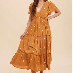 Pinkblush Camel Floral Embroidered Tiered Maternity Maxi Dress